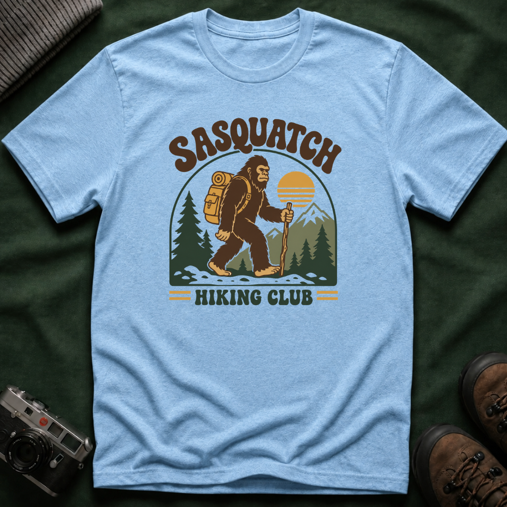 Sasquatch Hiking Club T-Shirt — Retro 70s Bigfoot Outdoor Adventure Tee