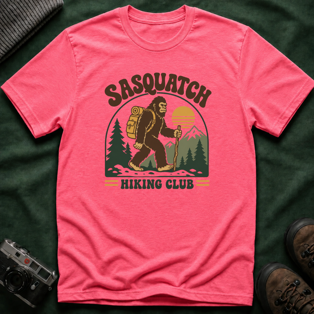 Sasquatch Hiking Club T-Shirt — Retro 70s Bigfoot Outdoor Adventure Tee