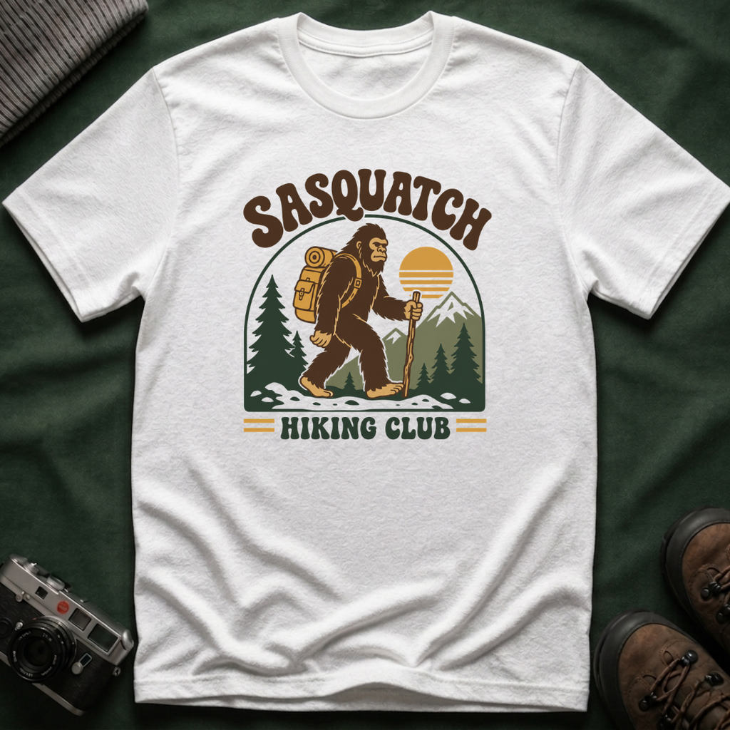 Sasquatch Hiking Club T-Shirt — Retro 70s Bigfoot Outdoor Adventure Tee