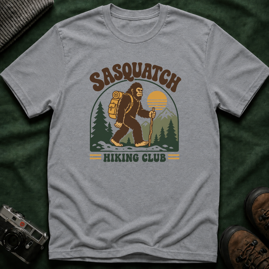 Sasquatch Hiking Club T-Shirt — Retro 70s Bigfoot Outdoor Adventure Tee