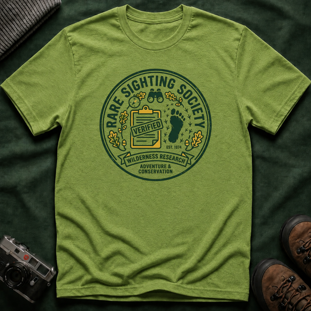 Rare Sighting Society T-Shirt — "Verified" Bigfoot Conservation Badge