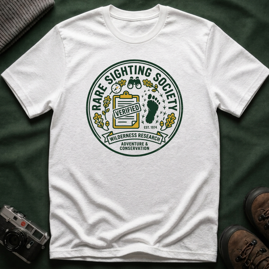 Rare Sighting Society T-Shirt — "Verified" Bigfoot Conservation Badge