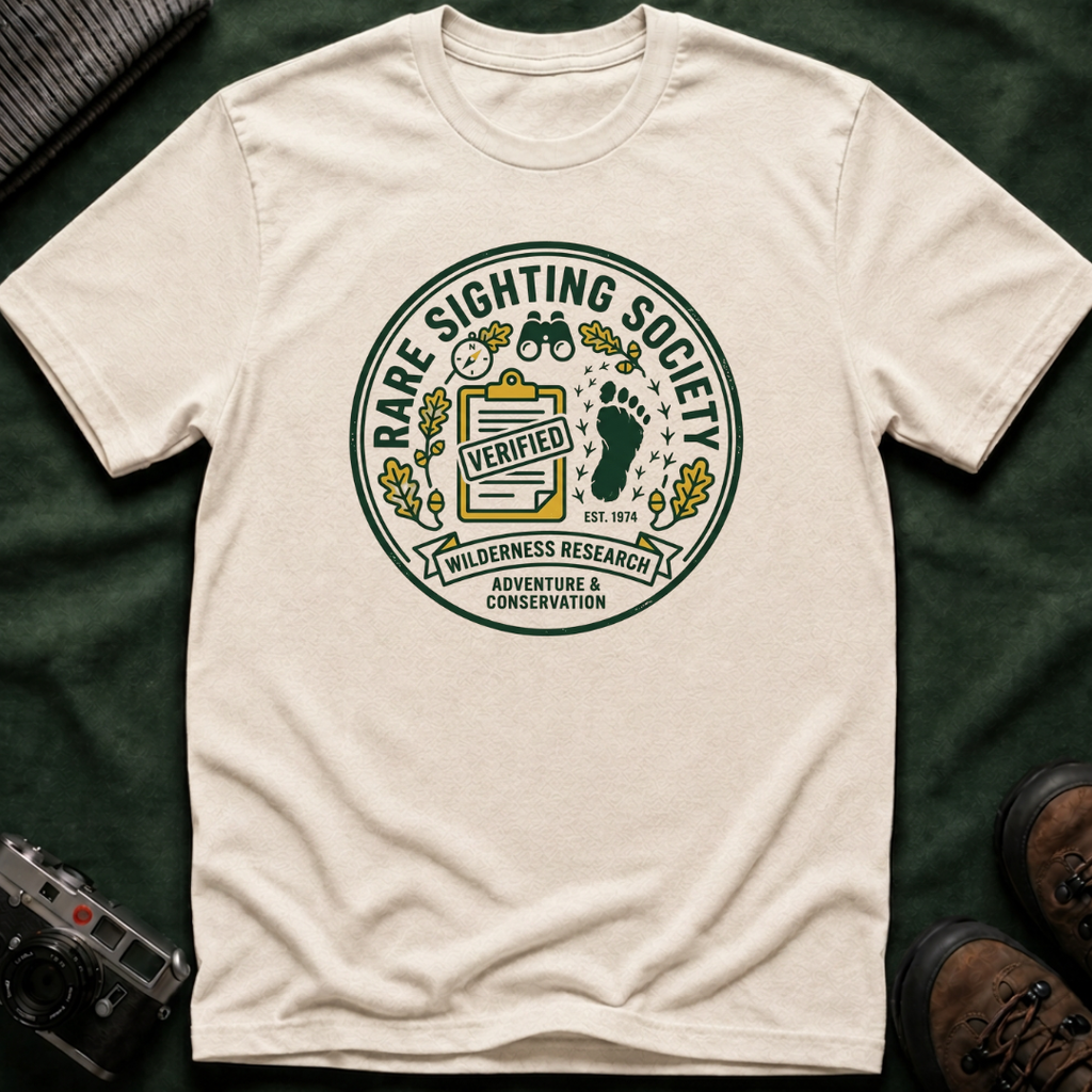 Rare Sighting Society T-Shirt — "Verified" Bigfoot Conservation Badge