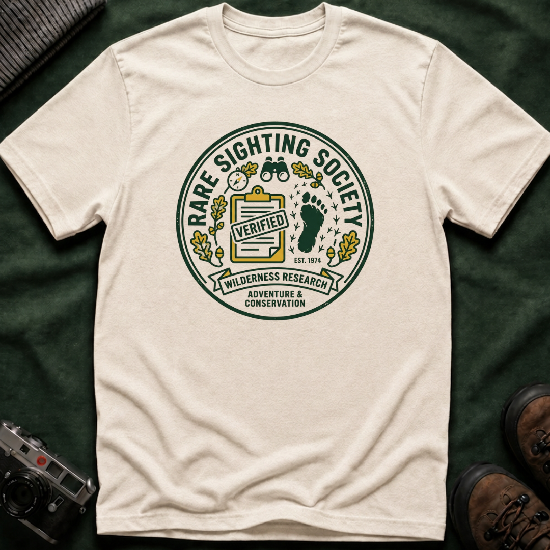 Rare Sighting Society T-Shirt — "Verified" Bigfoot Conservation Badge