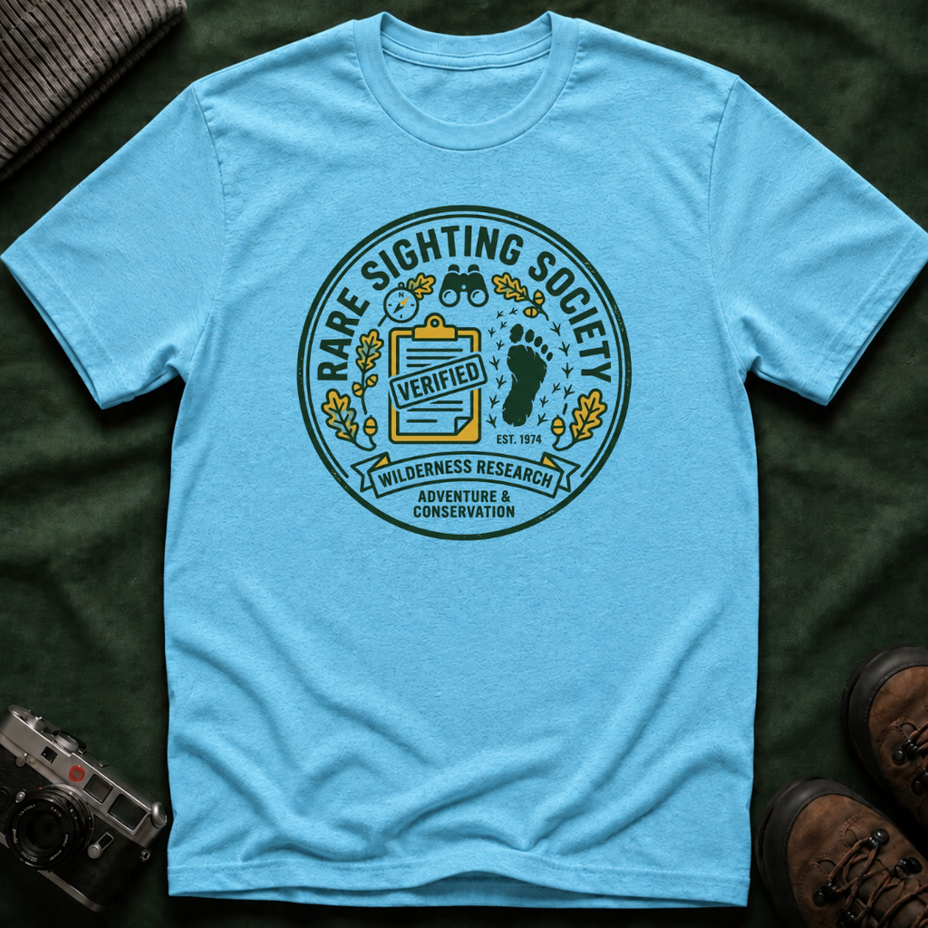 Rare Sighting Society T-Shirt — "Verified" Bigfoot Conservation Badge