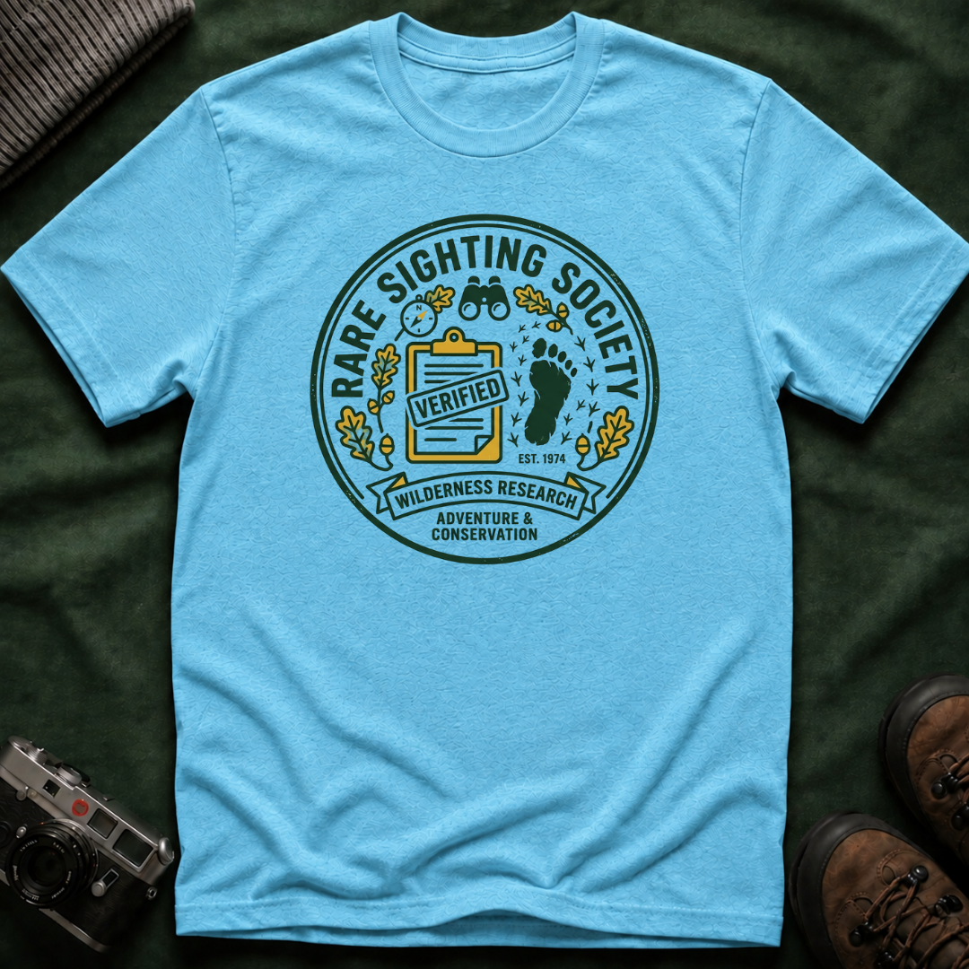 Rare Sighting Society T-Shirt — "Verified" Bigfoot Conservation Badge