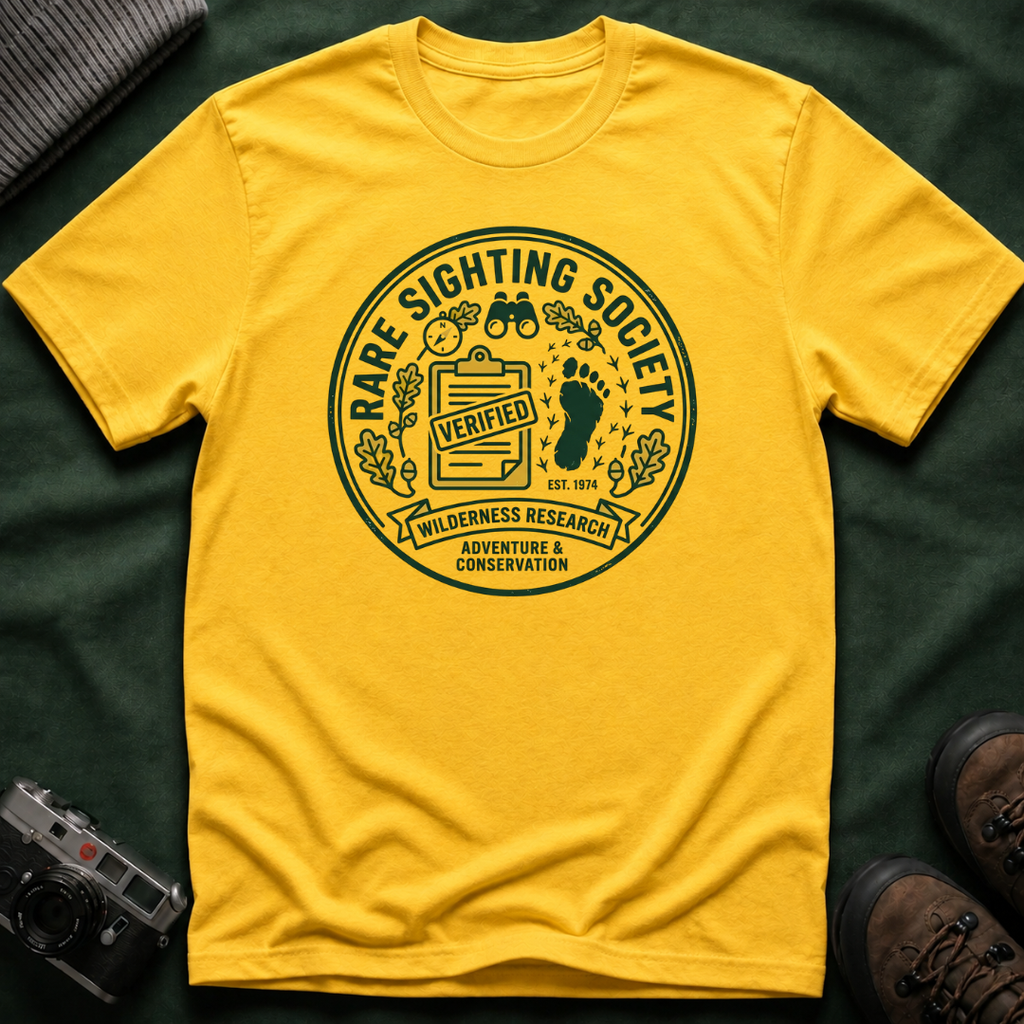Rare Sighting Society T-Shirt — "Verified" Bigfoot Conservation Badge