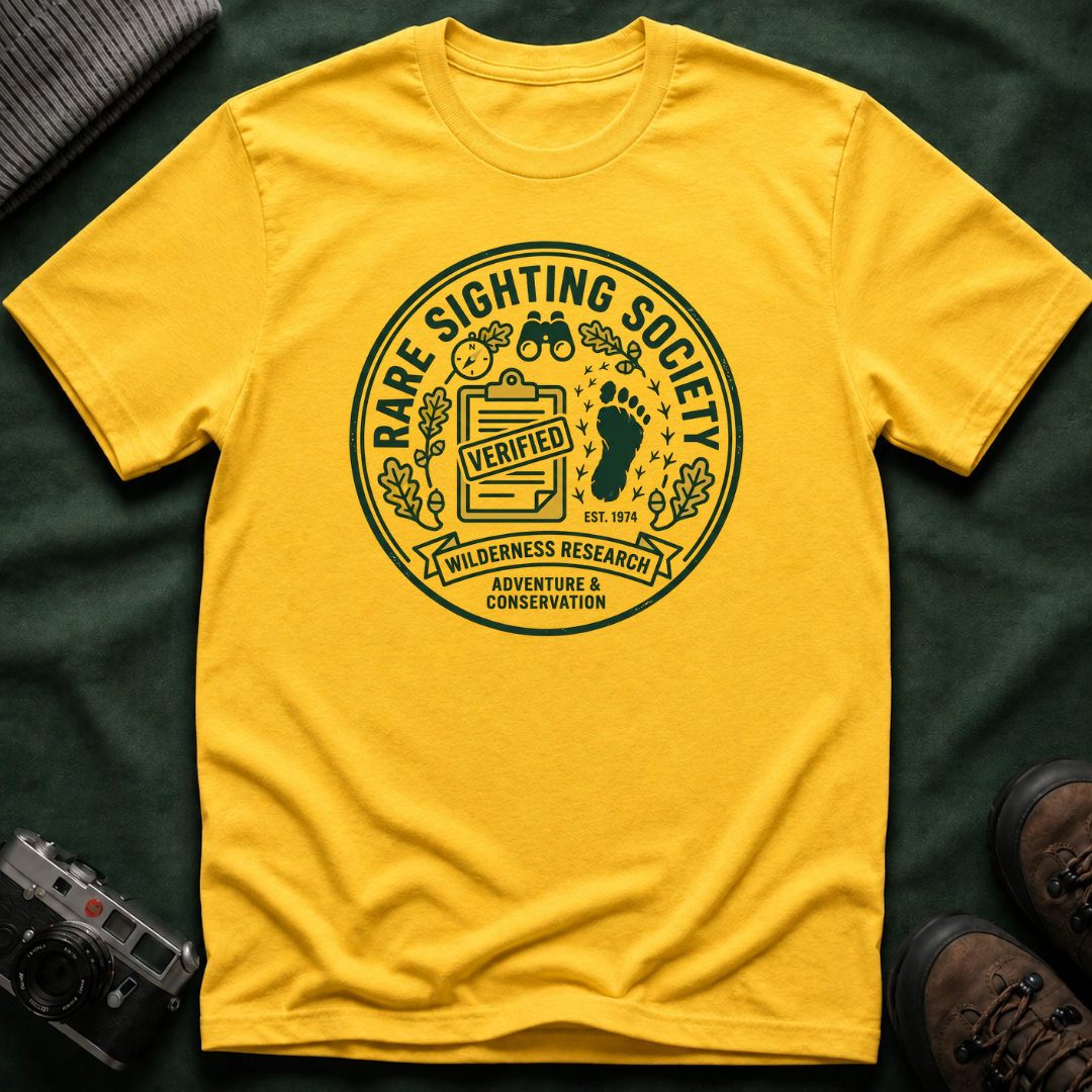 Rare Sighting Society T-Shirt — "Verified" Bigfoot Conservation Badge