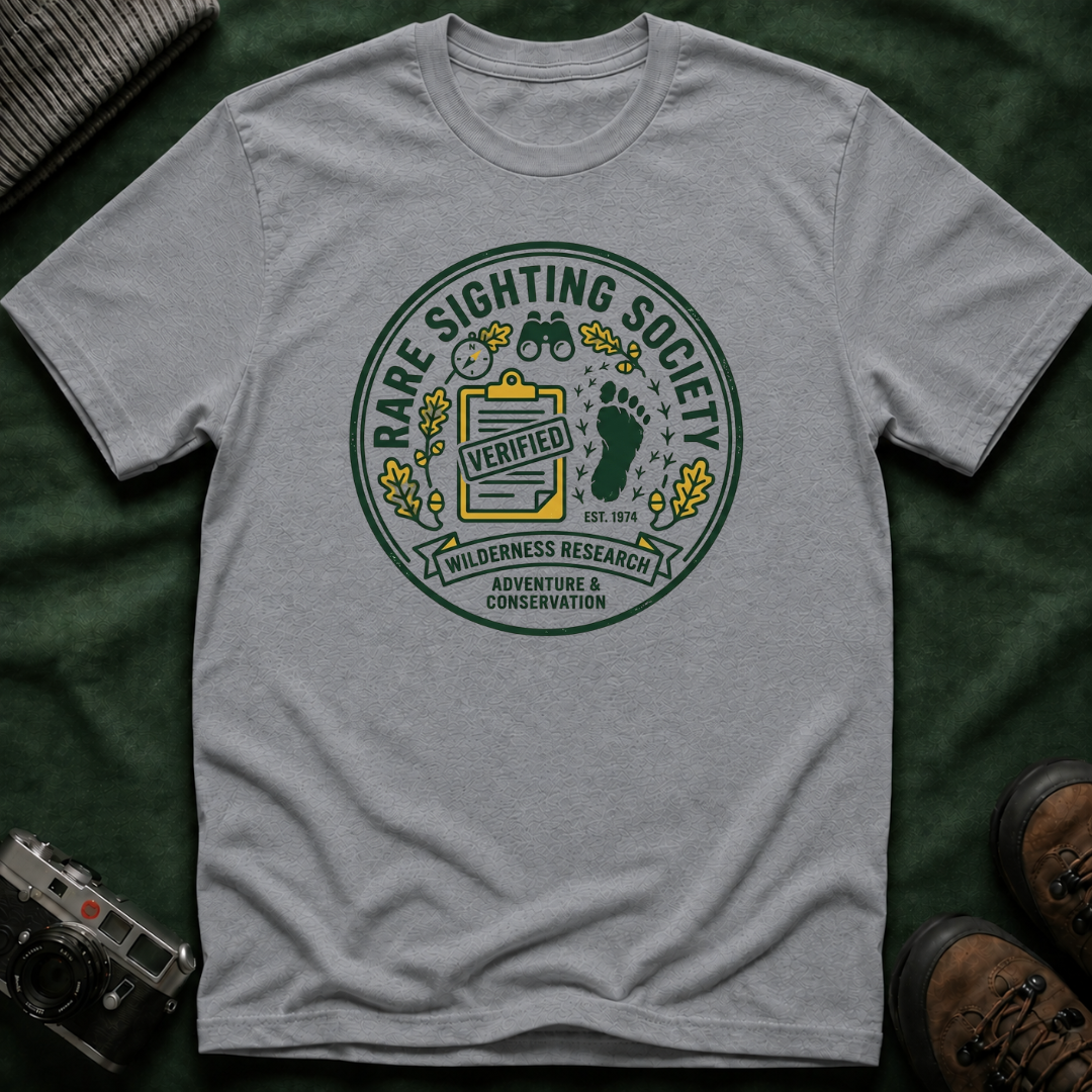 Rare Sighting Society T-Shirt — "Verified" Bigfoot Conservation Badge