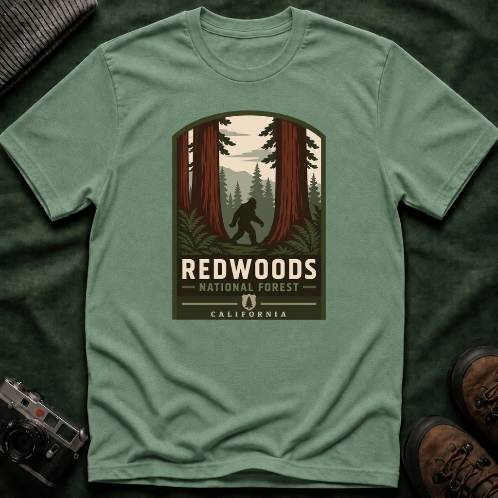 Redwoods National Park Bigfoot T‑Shirt — Vintage Forest Adventure Tee