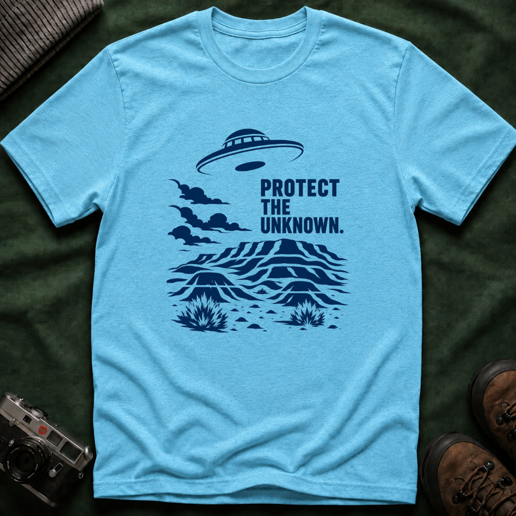 Protect The Unknown Minimalist UFO T-Shirt — Alien Desert Mystery Graphic Tee
