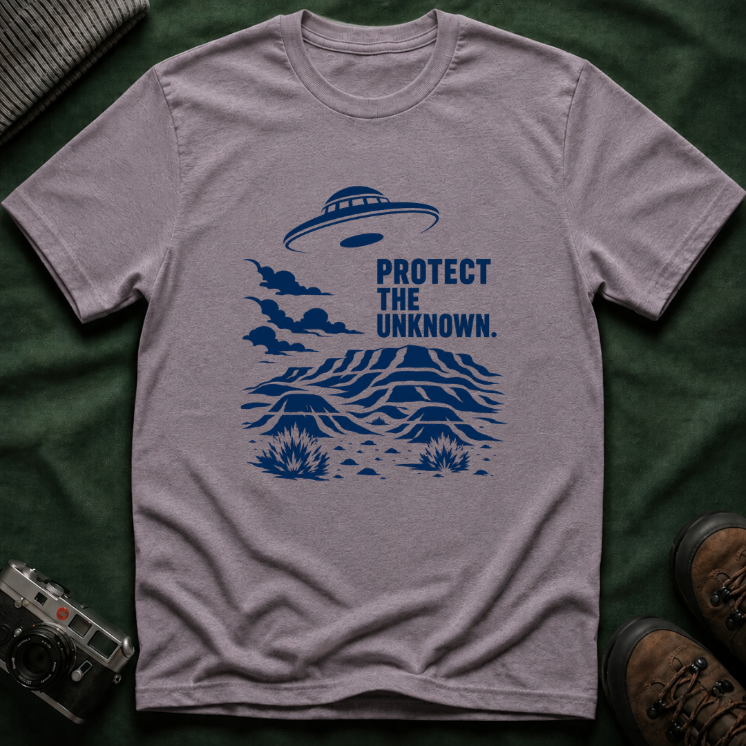 Protect The Unknown Minimalist UFO T-Shirt — Alien Desert Mystery Graphic Tee