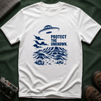 Protect The Unknown Minimalist UFO T-Shirt — Alien Desert Mystery Graphic Tee