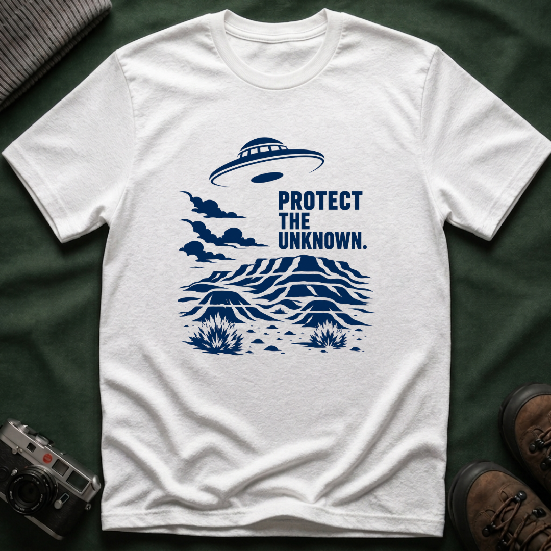Protect The Unknown Minimalist UFO T-Shirt — Alien Desert Mystery Graphic Tee