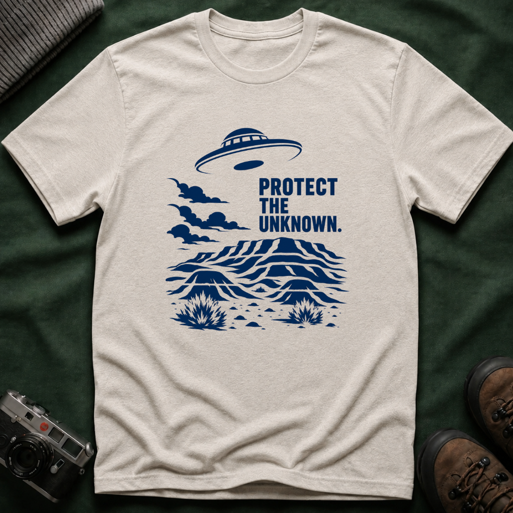 Protect The Unknown Minimalist UFO T-Shirt — Alien Desert Mystery Graphic Tee