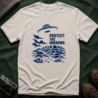 Protect The Unknown Minimalist UFO T-Shirt — Alien Desert Mystery Graphic Tee