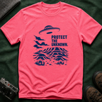 Protect The Unknown Minimalist UFO T-Shirt — Alien Desert Mystery Graphic Tee