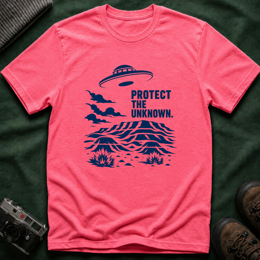 Protect The Unknown Minimalist UFO T-Shirt — Alien Desert Mystery Graphic Tee