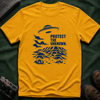 Protect The Unknown Minimalist UFO T-Shirt — Alien Desert Mystery Graphic Tee