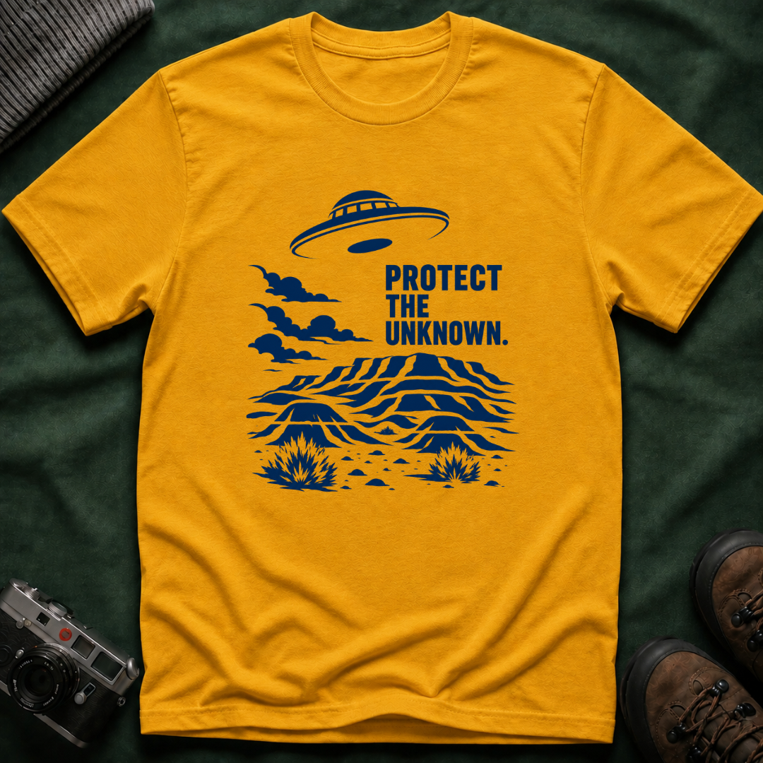 Protect The Unknown Minimalist UFO T-Shirt — Alien Desert Mystery Graphic Tee