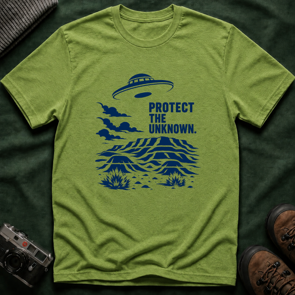 Protect The Unknown Minimalist UFO T-Shirt — Alien Desert Mystery Graphic Tee