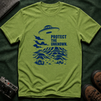 Protect The Unknown Minimalist UFO T-Shirt — Alien Desert Mystery Graphic Tee