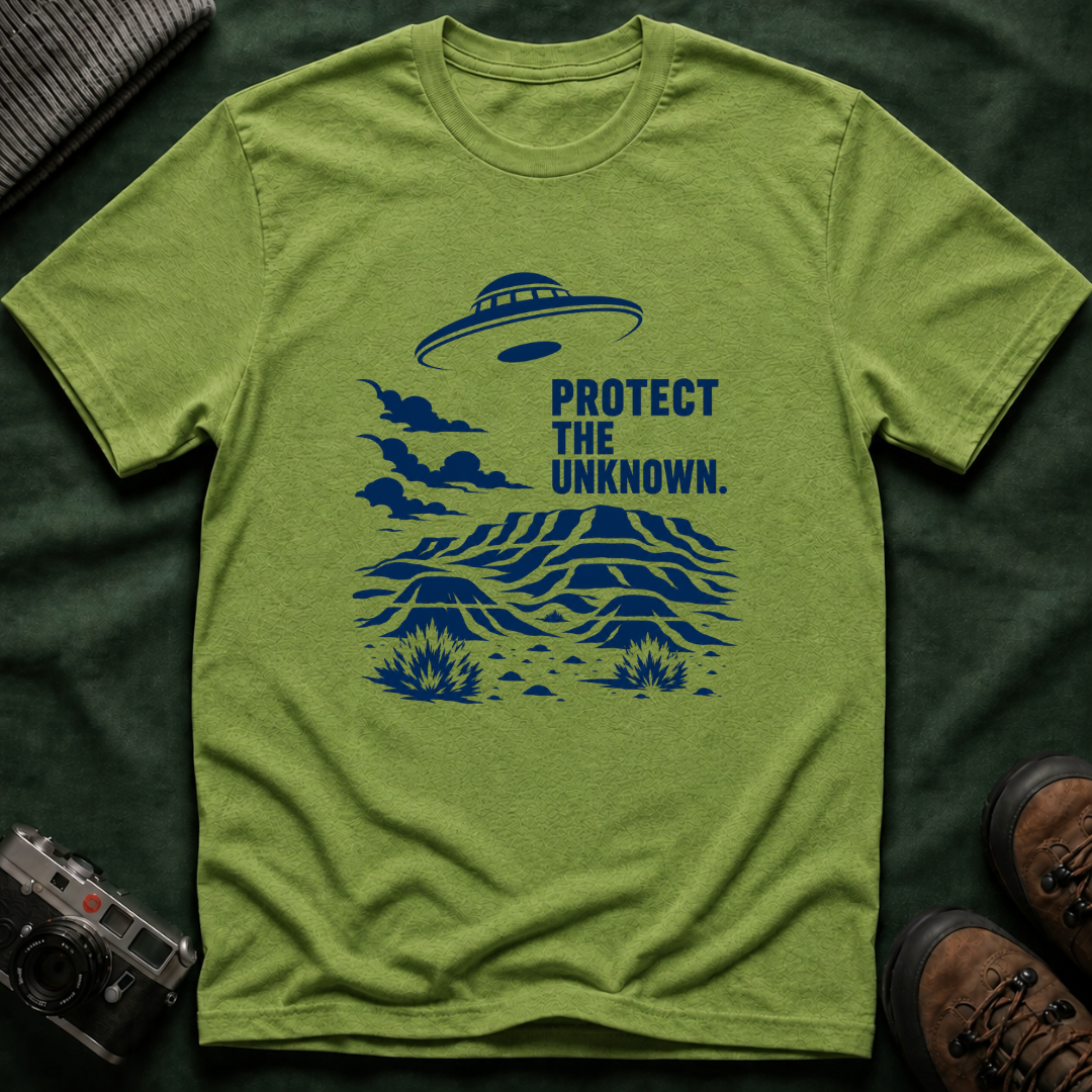 Protect The Unknown Minimalist UFO T-Shirt — Alien Desert Mystery Graphic Tee