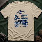Protect The Unknown Minimalist UFO T-Shirt — Alien Desert Mystery Graphic Tee