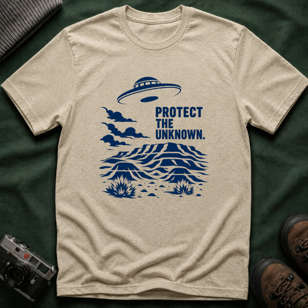 Protect The Unknown Minimalist UFO T-Shirt — Alien Desert Mystery Graphic Tee