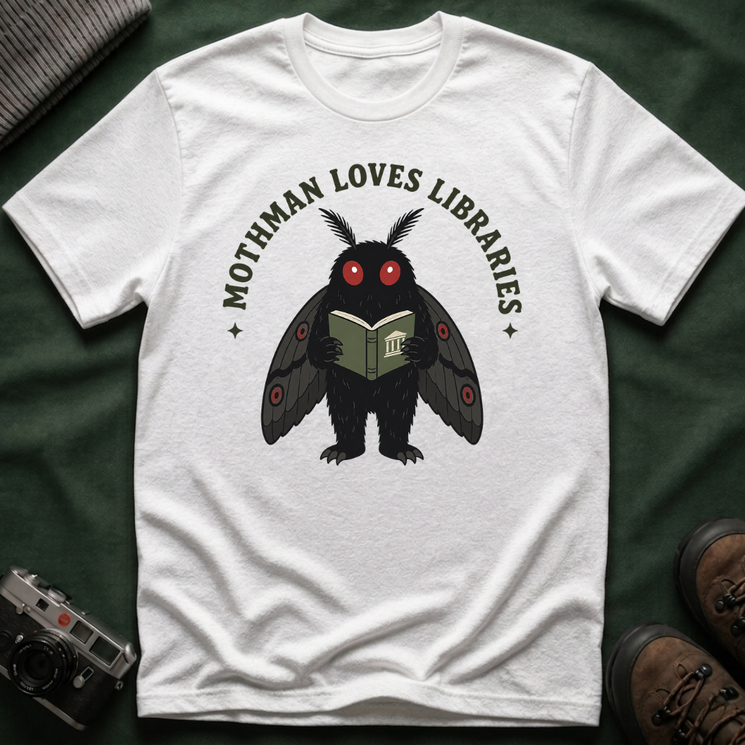 Mothman Loves Libraries T-Shirt — Cute Cottagecore Cryptid Reading Tee