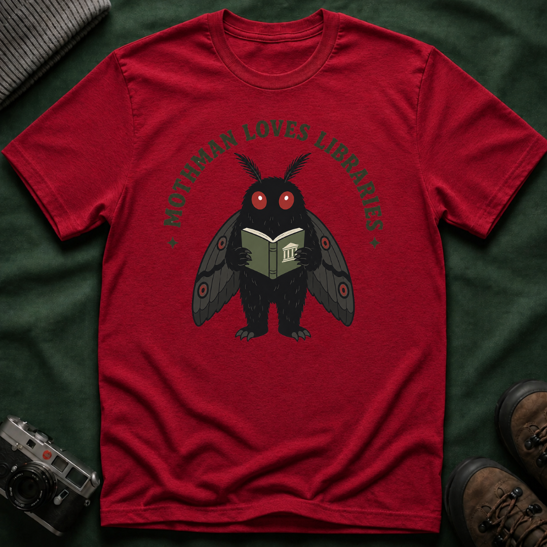 Mothman Loves Libraries T-Shirt — Cute Cottagecore Cryptid Reading Tee