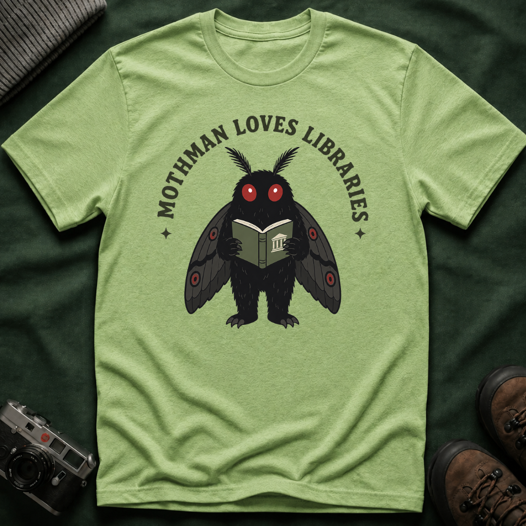 Mothman Loves Libraries T-Shirt — Cute Cottagecore Cryptid Reading Tee