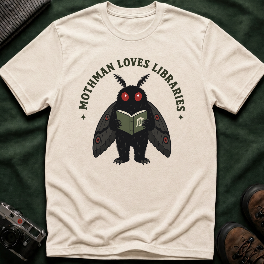 Mothman Loves Libraries T-Shirt — Cute Cottagecore Cryptid Reading Tee