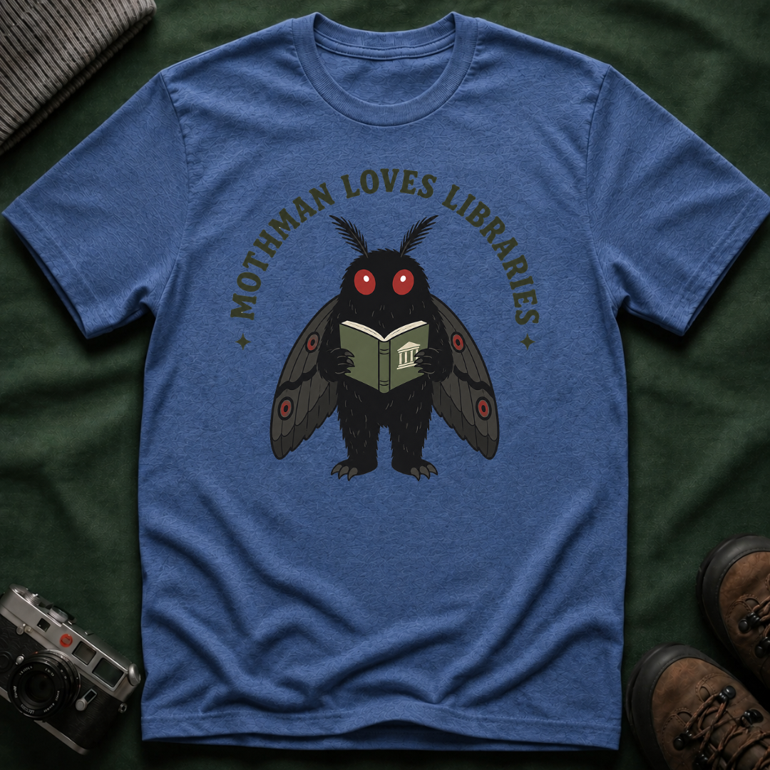 Mothman Loves Libraries T-Shirt — Cute Cottagecore Cryptid Reading Tee