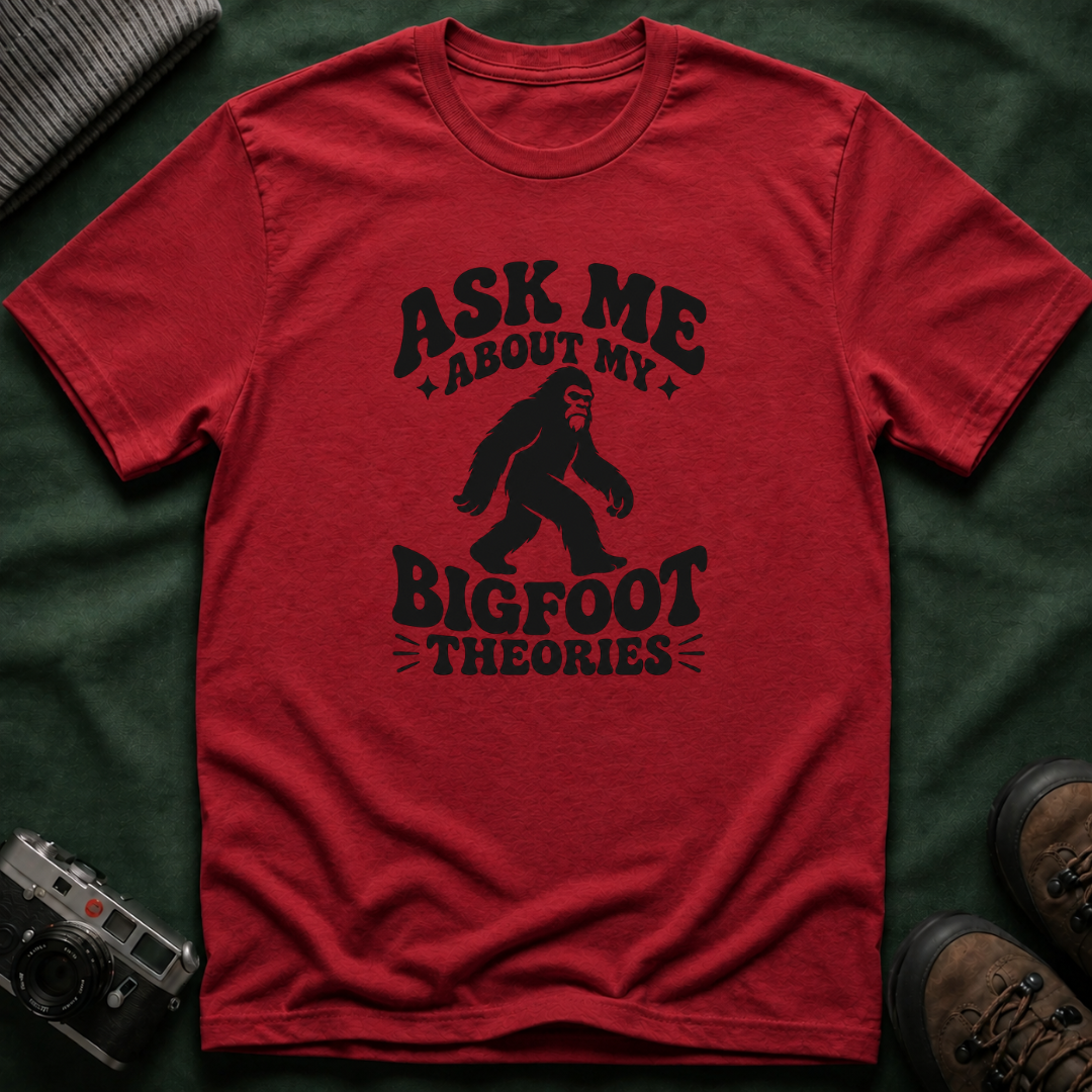 Ask Me About My Bigfoot Theories T-Shirt — Retro 70s Cryptid Graphic Tee