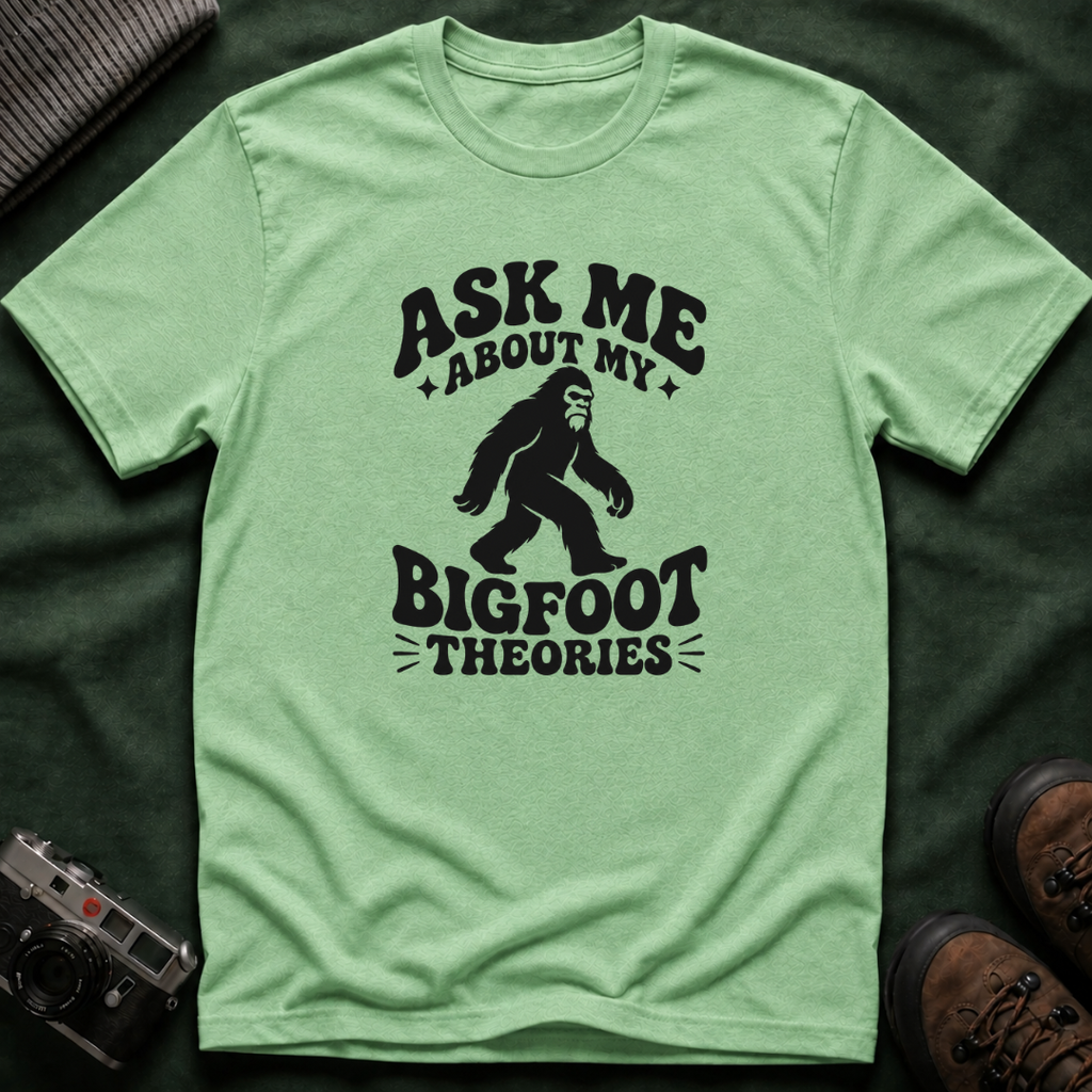 Ask Me About My Bigfoot Theories T-Shirt — Retro 70s Cryptid Graphic Tee