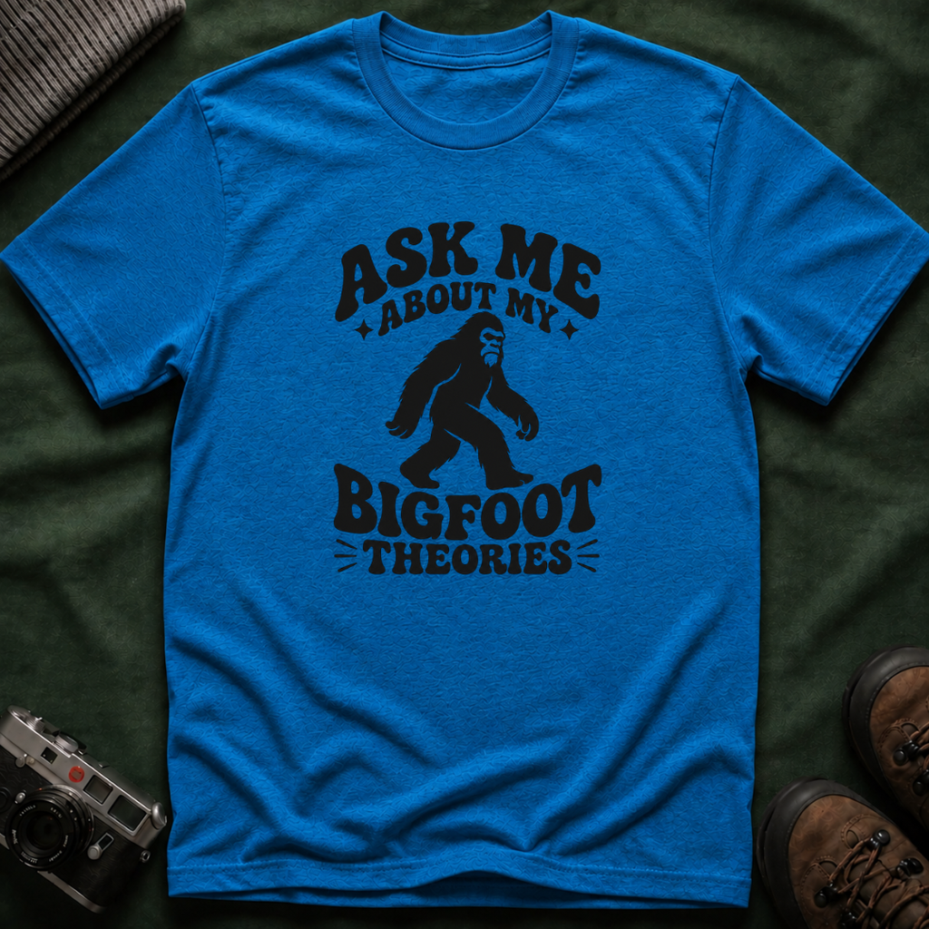 Ask Me About My Bigfoot Theories T-Shirt — Retro 70s Cryptid Graphic Tee
