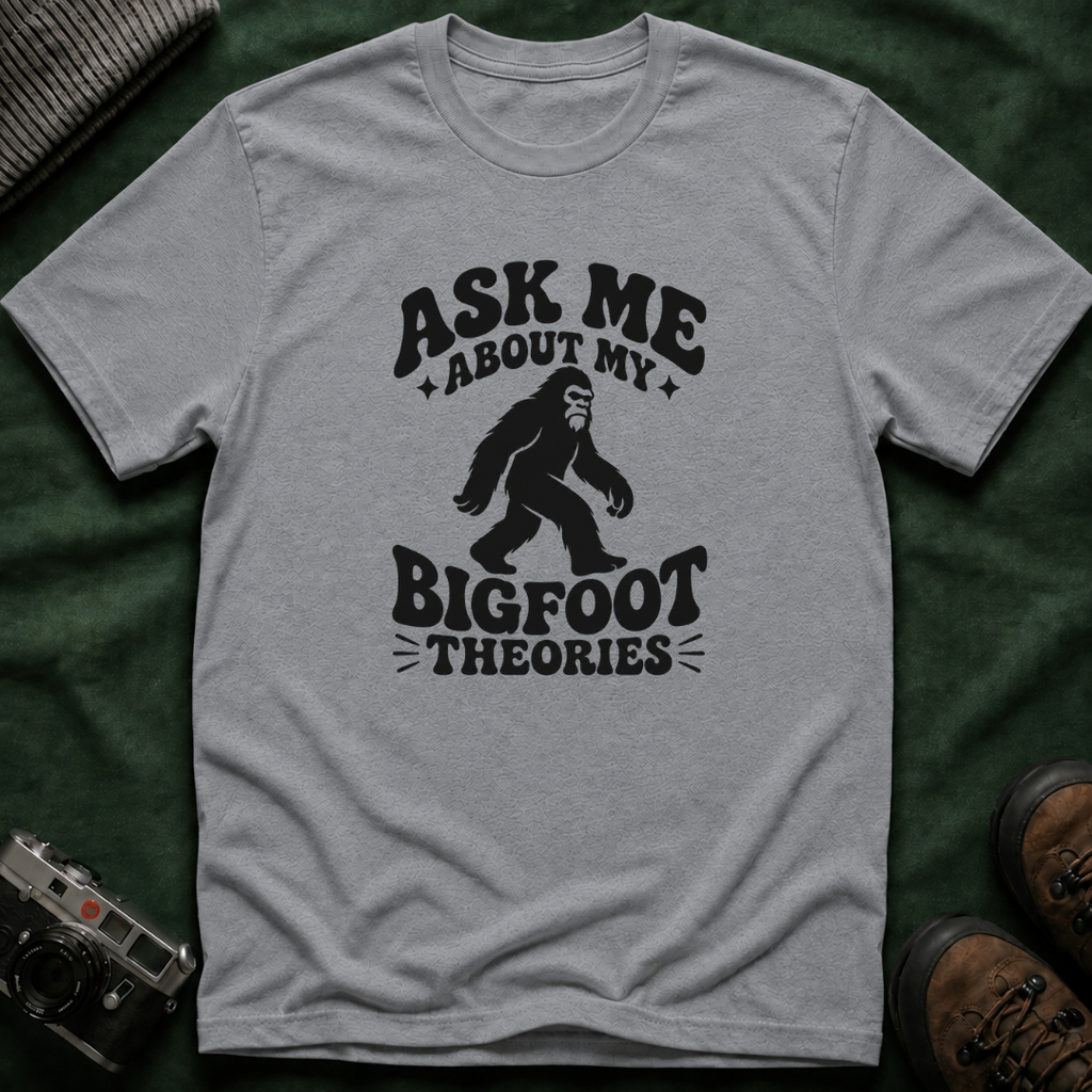 Ask Me About My Bigfoot Theories T-Shirt — Retro 70s Cryptid Graphic Tee