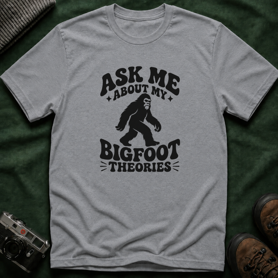 Ask Me About My Bigfoot Theories T-Shirt — Retro 70s Cryptid Graphic Tee