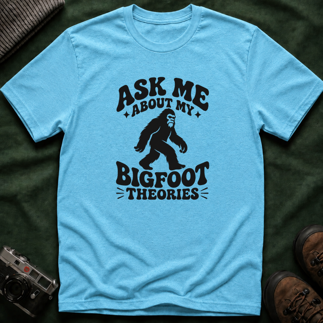 Ask Me About My Bigfoot Theories T-Shirt — Retro 70s Cryptid Graphic Tee