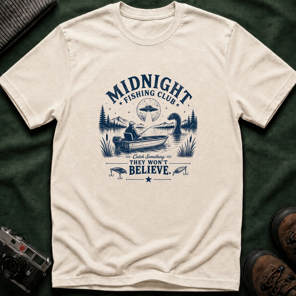 Midnight Fishing Club T-Shirt — "Catch Something They Won't Believe" UFO Lake Fishing Tee