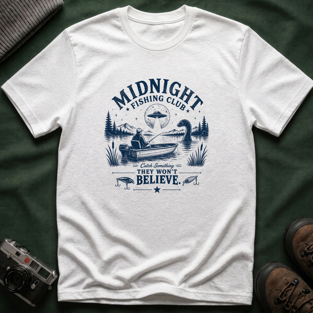 Midnight Fishing Club T-Shirt — "Catch Something They Won't Believe" UFO Lake Fishing Tee