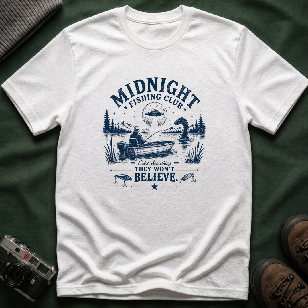 Midnight Fishing Club T-Shirt — "Catch Something They Won't Believe" UFO Lake Fishing Tee
