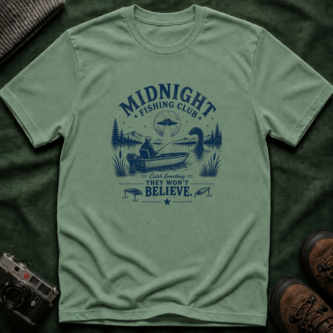 Midnight Fishing Club T-Shirt — "Catch Something They Won't Believe" UFO Lake Fishing Tee