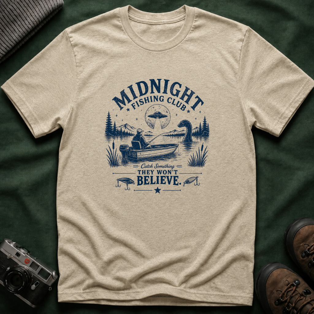 Midnight Fishing Club T-Shirt — "Catch Something They Won't Believe" UFO Lake Fishing Tee