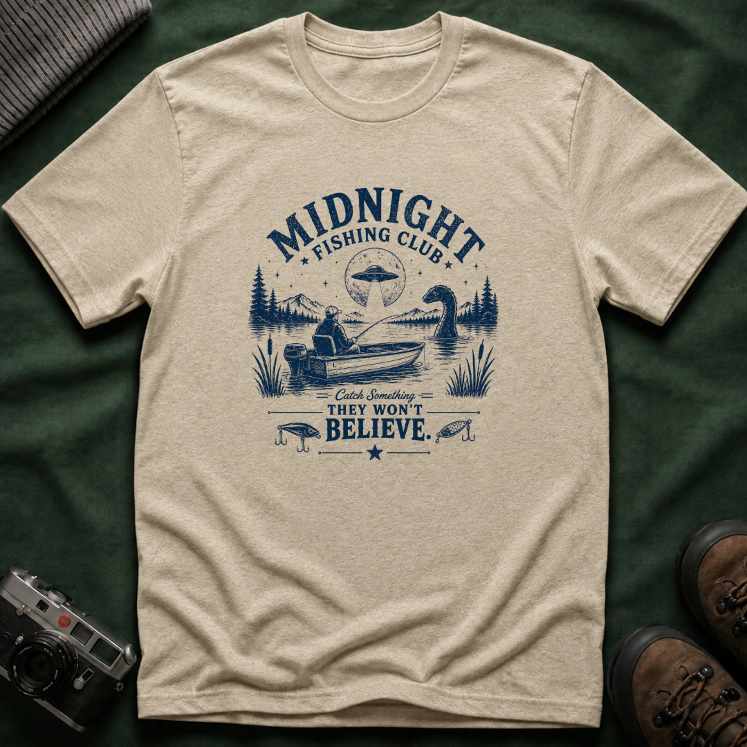 Midnight Fishing Club T-Shirt — "Catch Something They Won't Believe" UFO Lake Fishing Tee