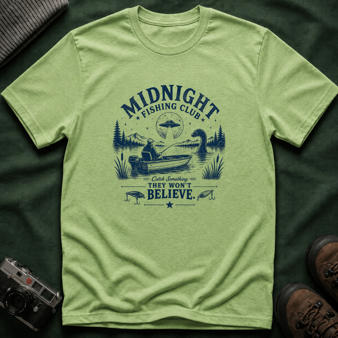 Midnight Fishing Club T-Shirt — "Catch Something They Won't Believe" UFO Lake Fishing Tee