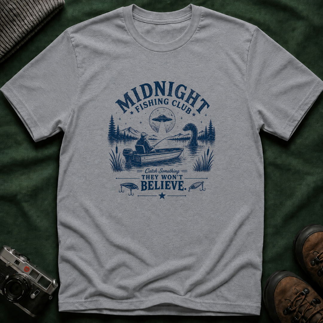 Midnight Fishing Club T-Shirt — "Catch Something They Won't Believe" UFO Lake Fishing Tee