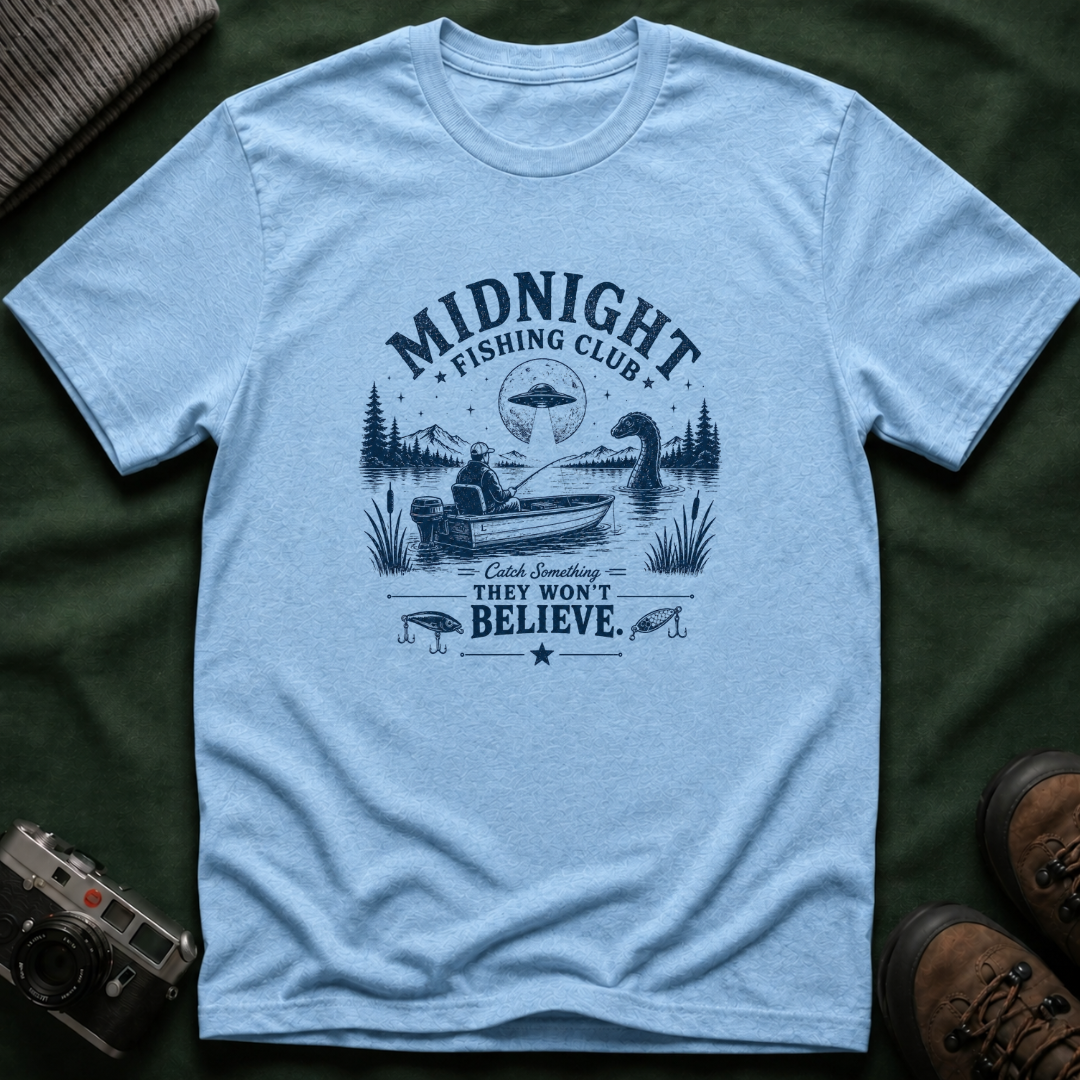 Midnight Fishing Club T-Shirt — "Catch Something They Won't Believe" UFO Lake Fishing Tee