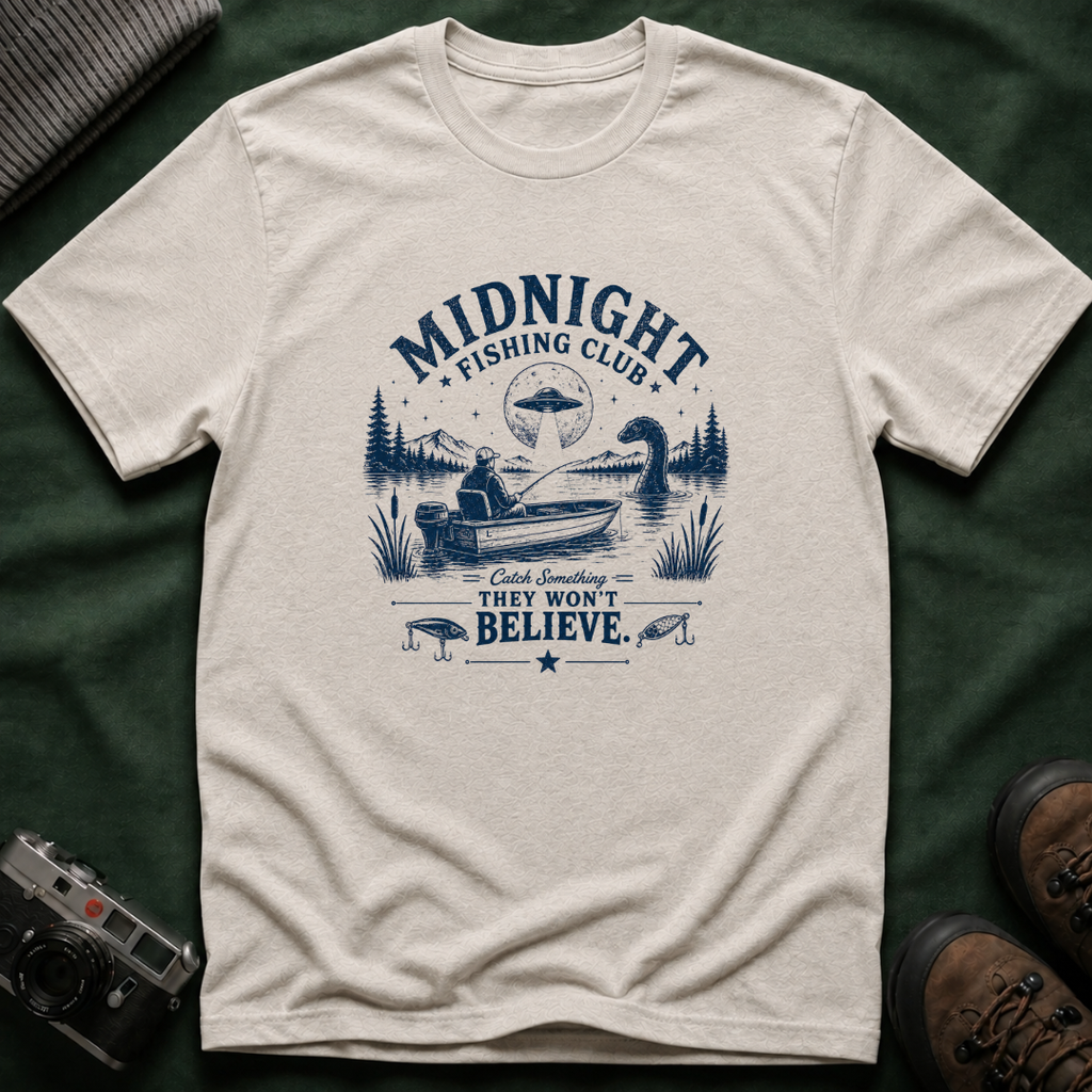 Midnight Fishing Club T-Shirt — "Catch Something They Won't Believe" UFO Lake Fishing Tee